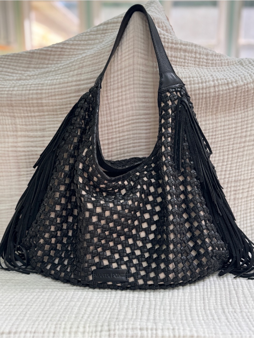 Marta Ponti Black Woven Genuine Leather Fringe Hobo Shoulder Bag